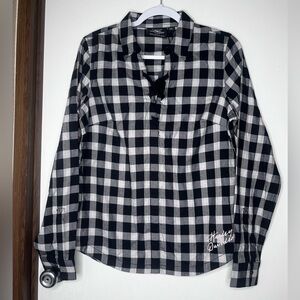 NEW! Harley Davidson Womens Black White Buffalo Plaid Lace Up Flannel Shirt